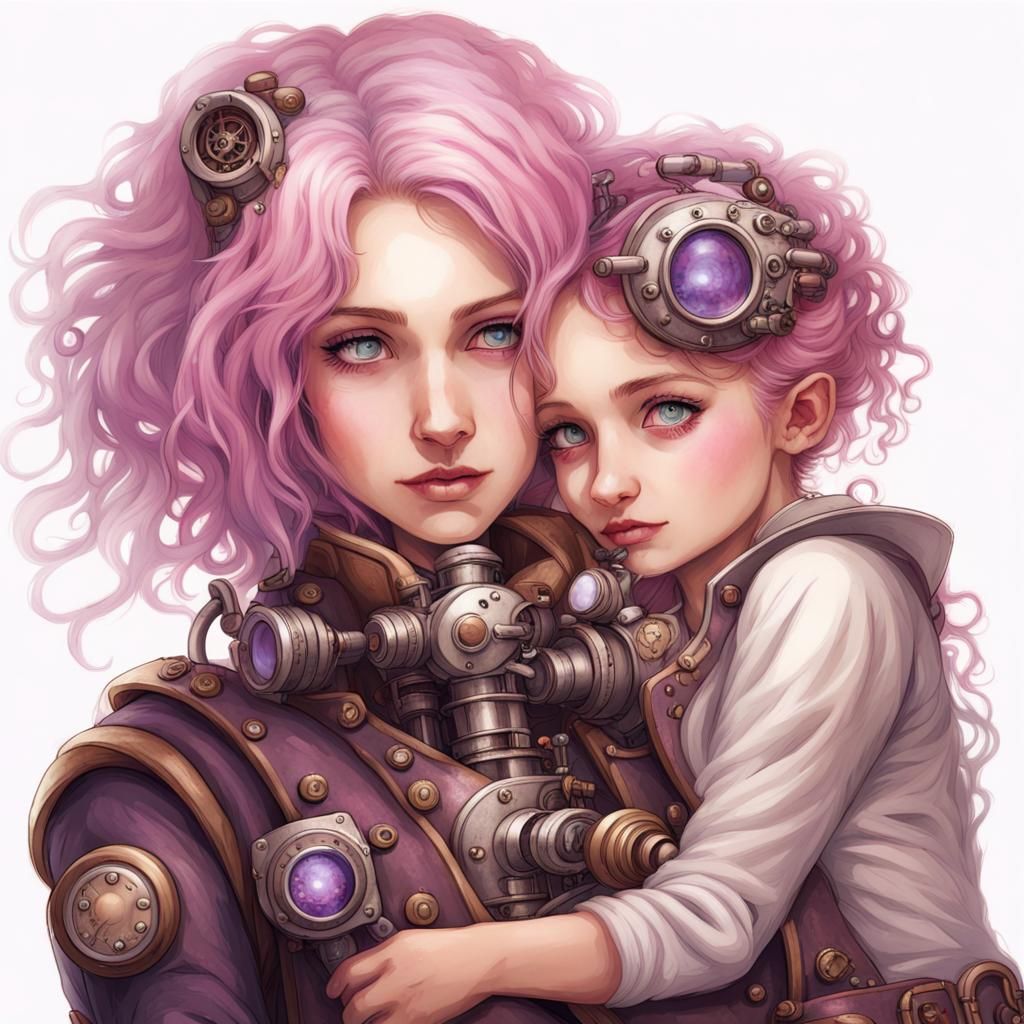 Steampunk Mother and Daughter with Violet Eyes