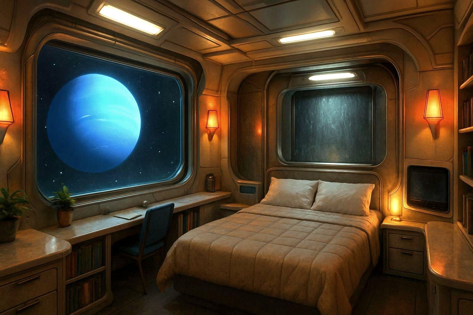 Futuristic Spaceship Cabin with Neptune View