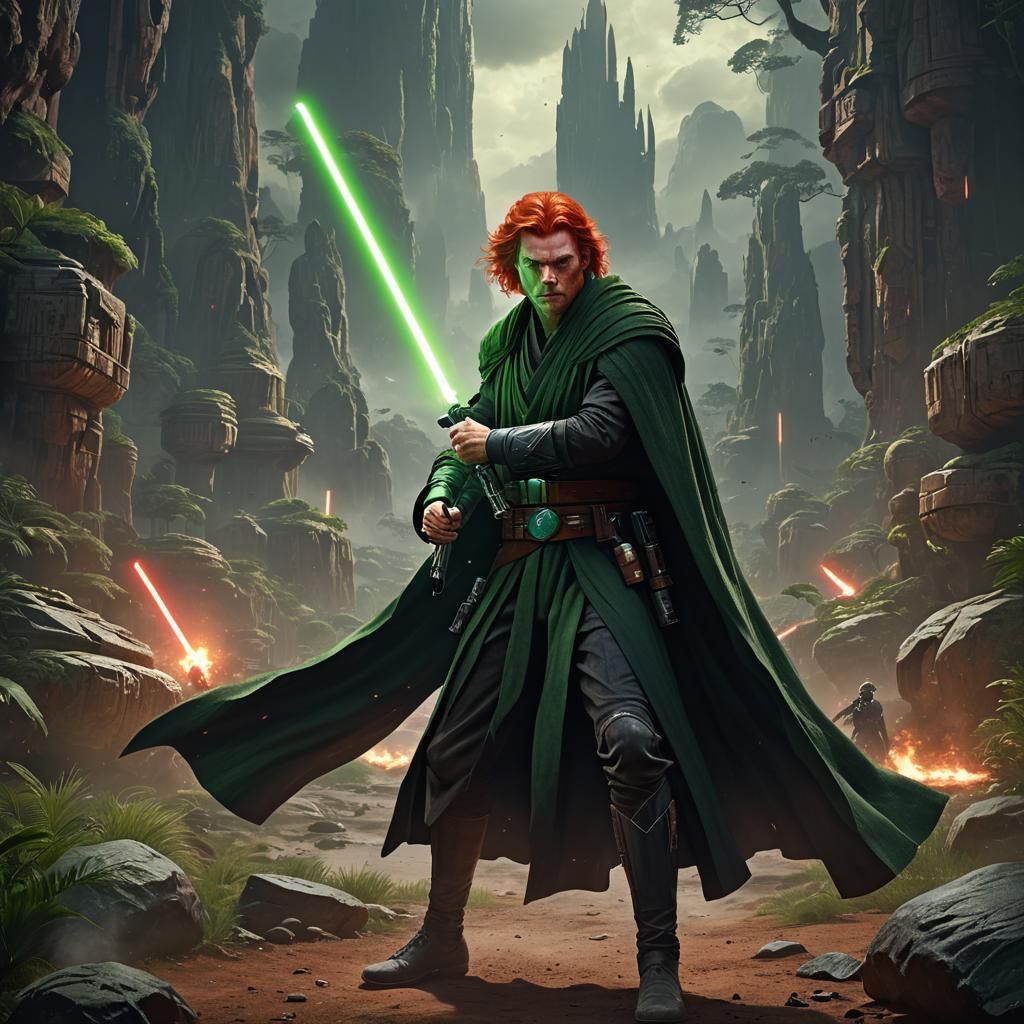 Red-Haired Jedi Master with Lightsaber: Fantasy Art