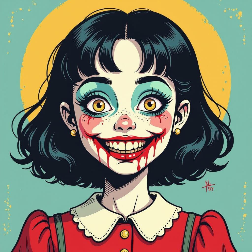 Creepy Cartoon Girl with Bloody Face in 90s Style
