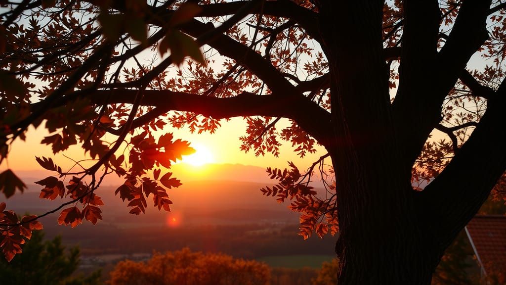 Autumn Sunset Over Mountain Range Through Oak