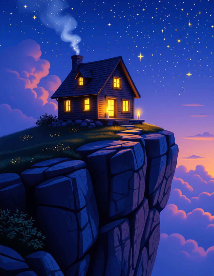 Ethereal Cottage on Rocky Cliff at Night
