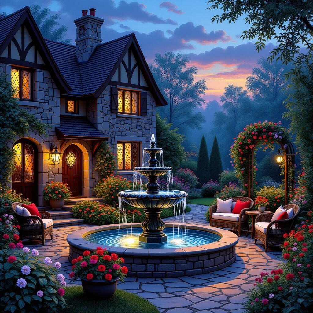 Twilight Medieval Manor Garden in Fantasy Realism Style