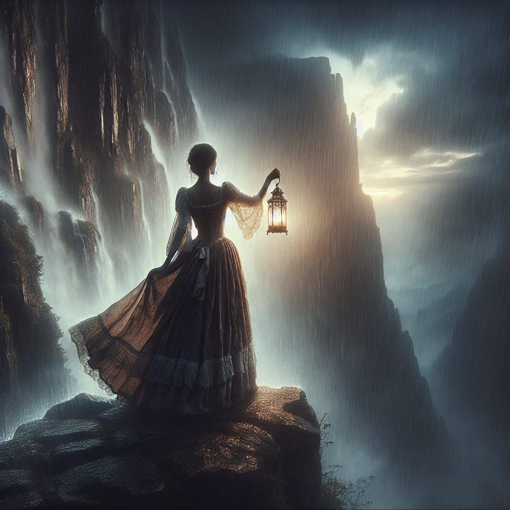 Ethereal Woman with Lantern on Cliff Edge