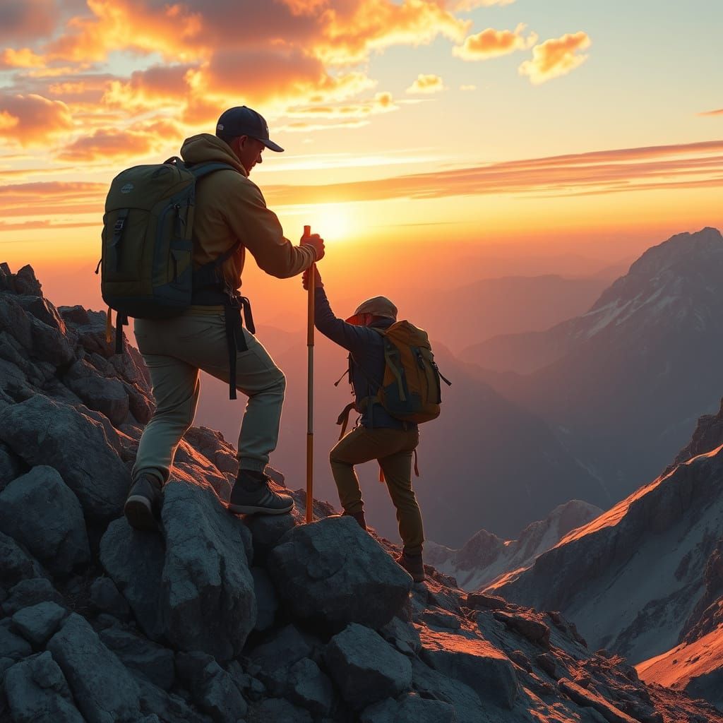 Mountain Ascent: Empathy at Sunrise in Digital Art