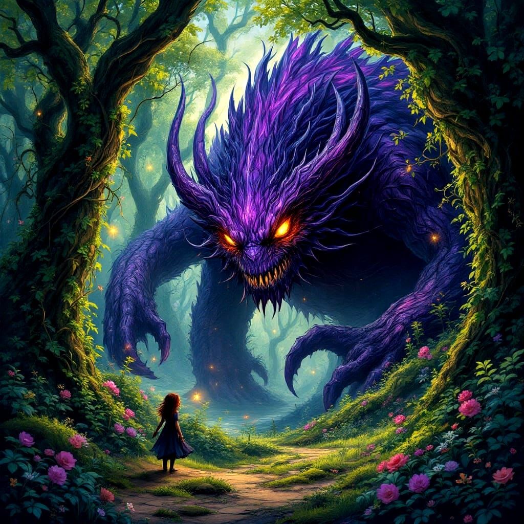 Whimsical Dark Fantasy Creature in Emerald Forest