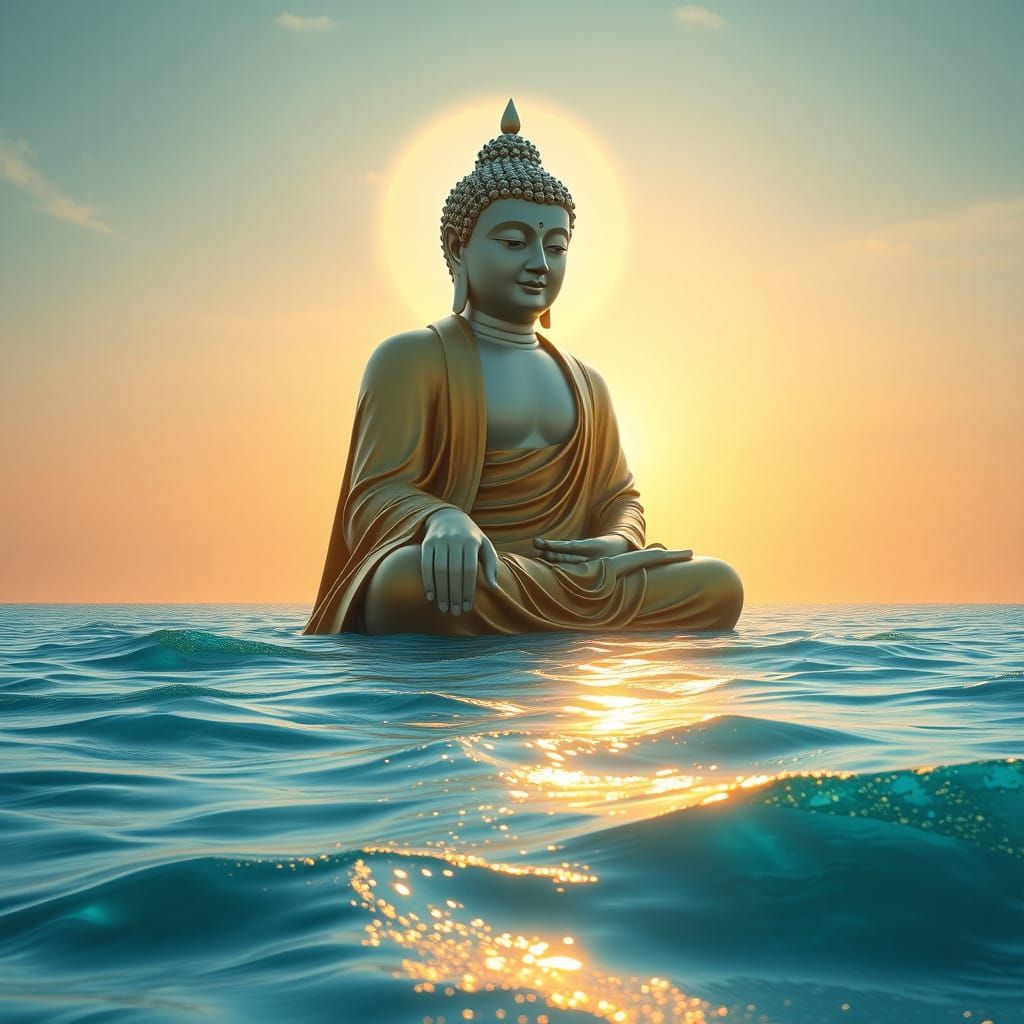Golden Buddha Radiates Serenity on Turquoise Waves at Sunset