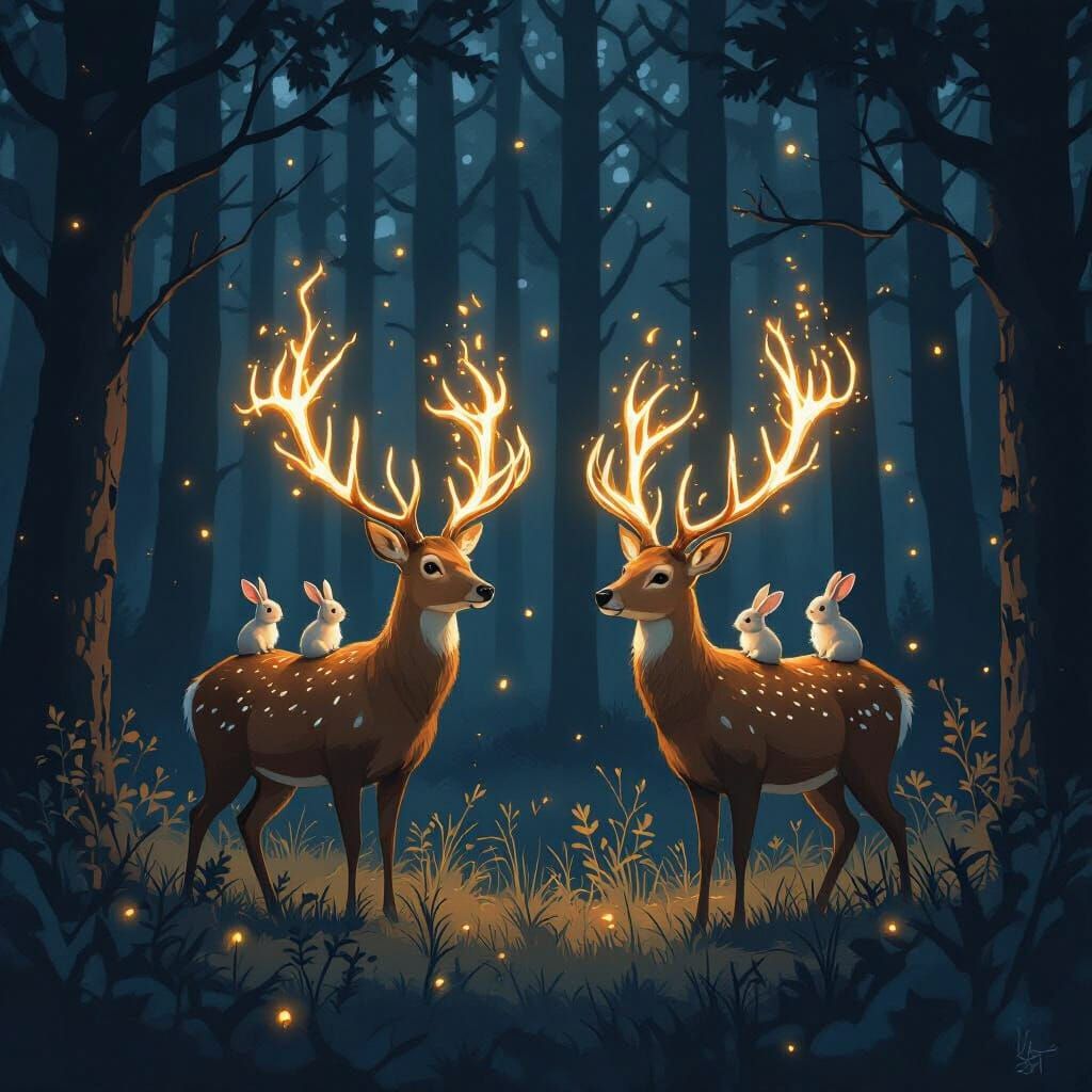 Ethereal Deer with Burning Antlers in Dark Forest