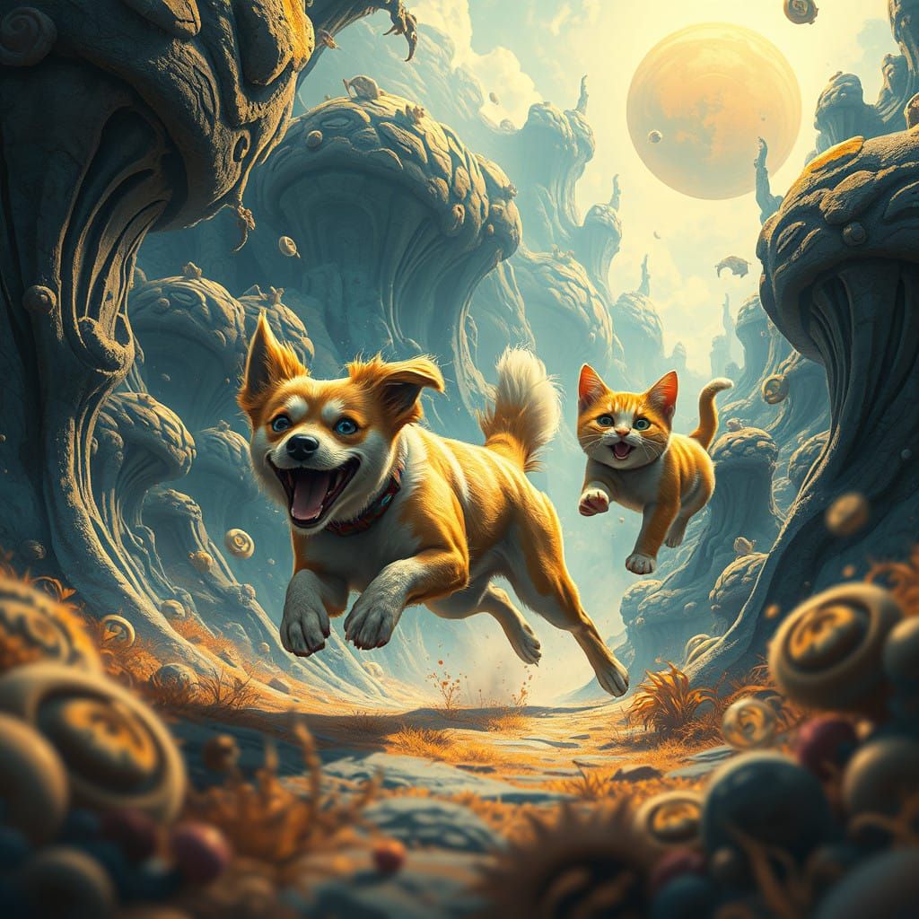 Vibrant Canine Chases Whimsical Feline in Dreamlike Landscap...