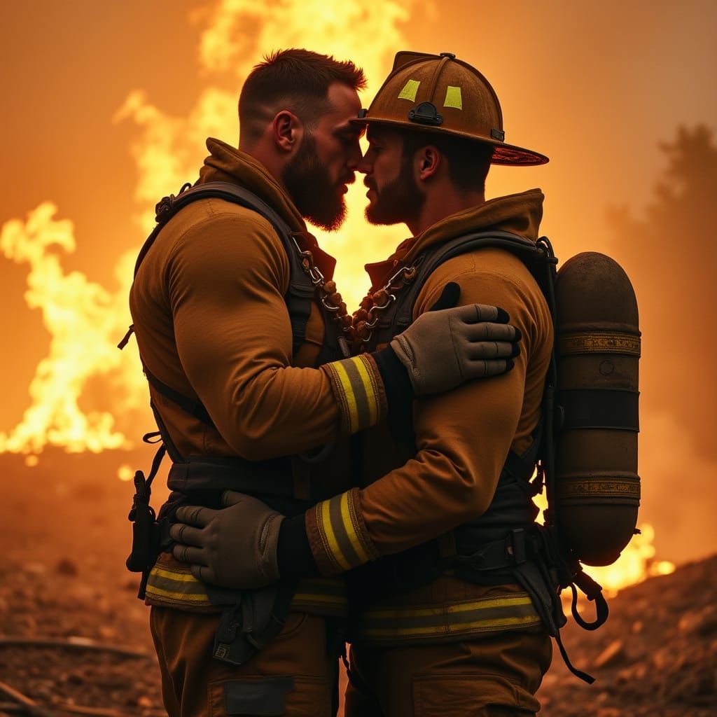 Muscular Gay Firefighters Share a Passionate Kiss Amidst a S...