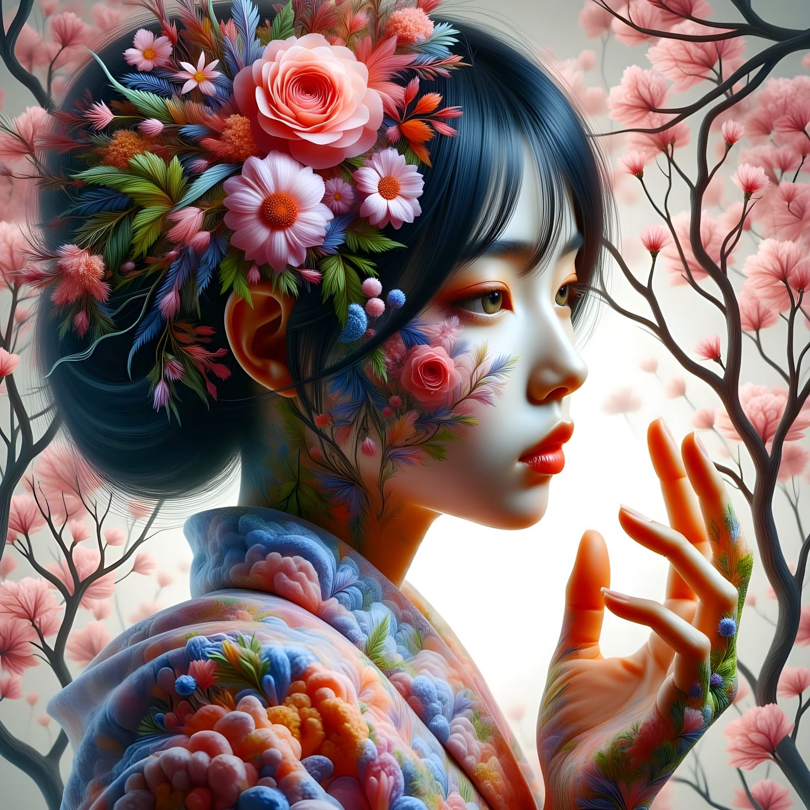Surreal Geisha in Vibrant Ceramics and Shimmering Cellophane
