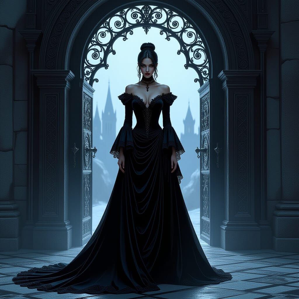Gothic Sorceress at Ancient Doorway: Dark Fantasy Art