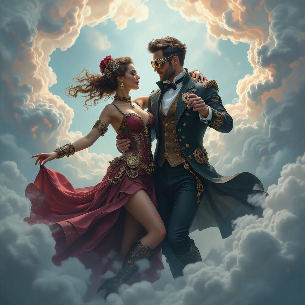 Steampunk Couple Dancing in Ethereal Clouds