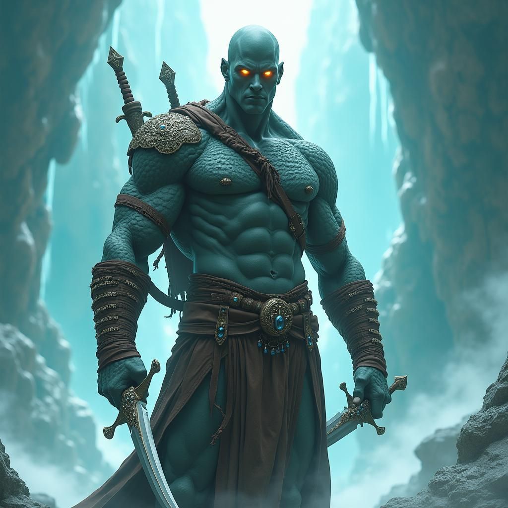 Scaled Human Warrior in Mystical Turquoise Landscape