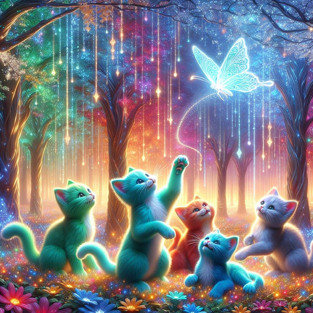 Playful Cats in a Radiant Dreamscape