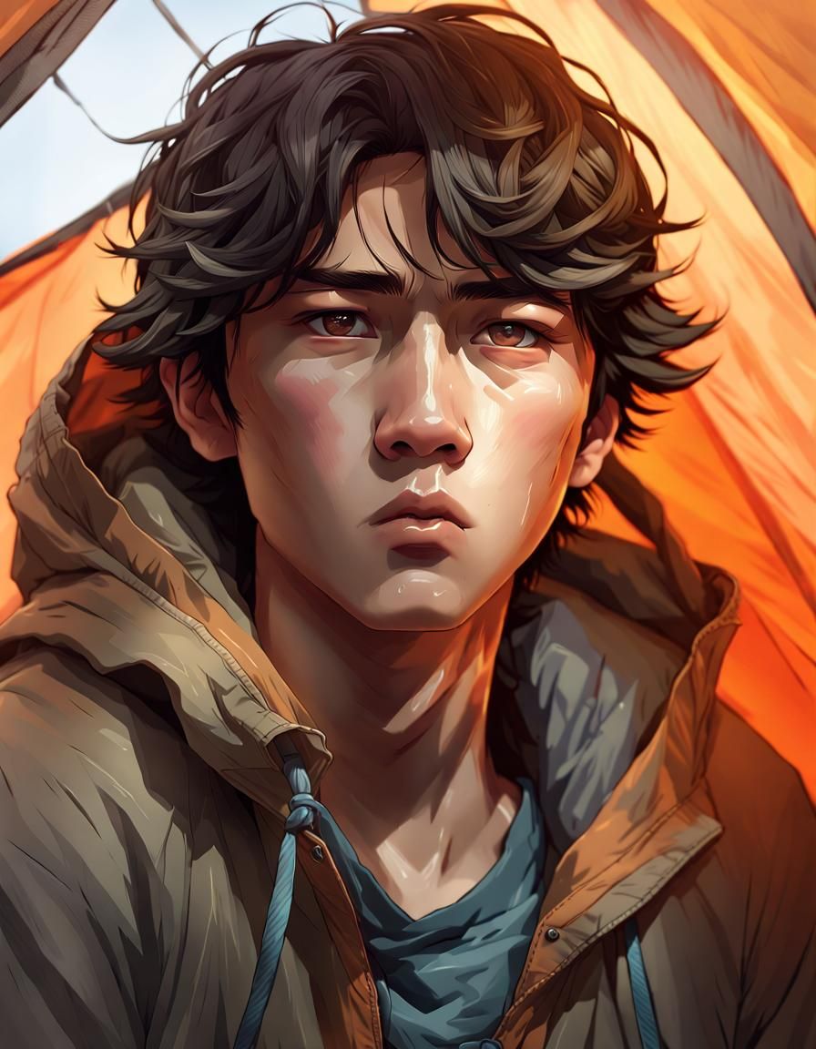 Korean Boy Waking in Tent, Digital Art Portrait