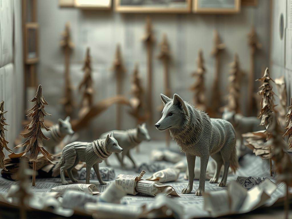 Newspaper Wolves in Misty Diorama