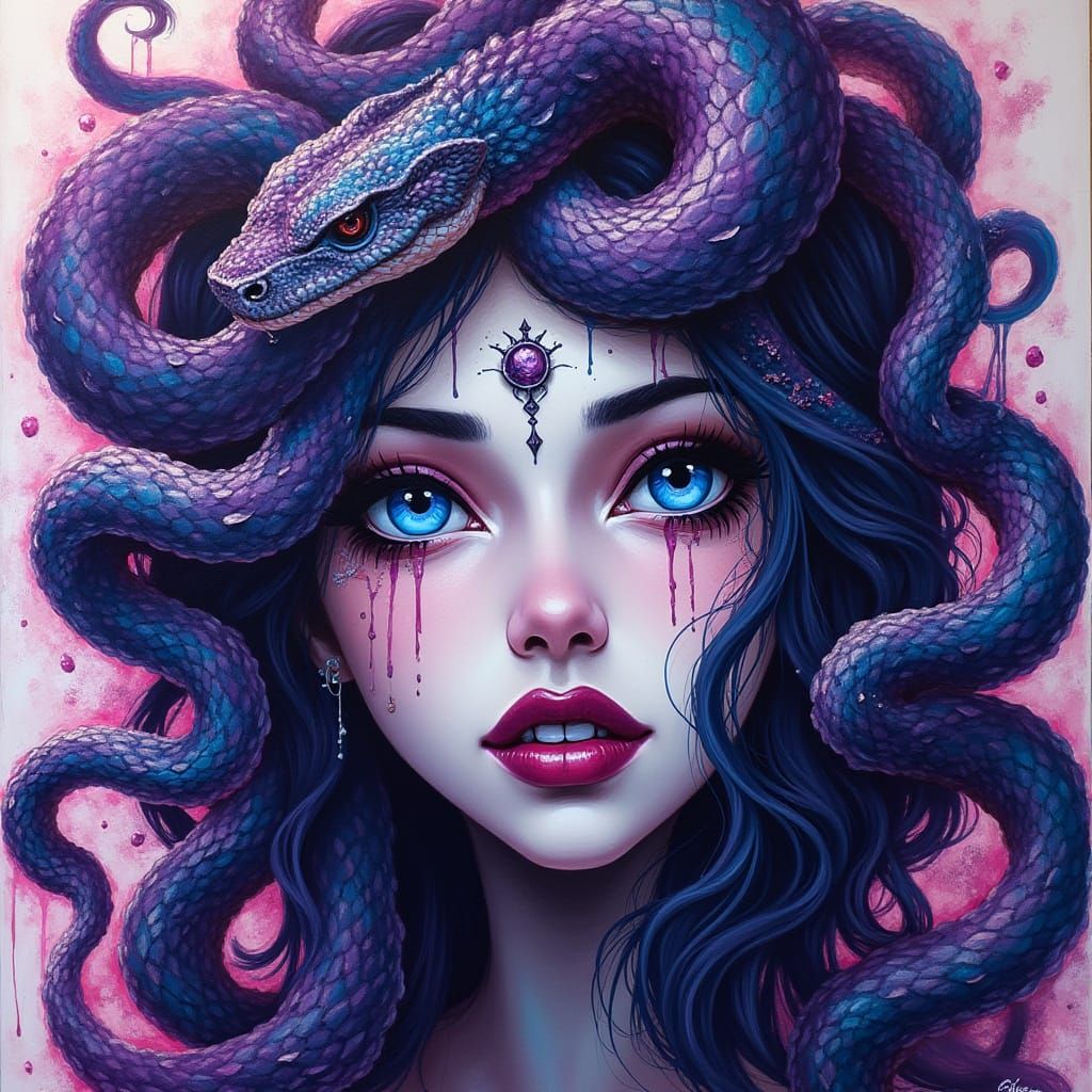 Graffiti Goddess Medusa in Vibrant Purple and Black