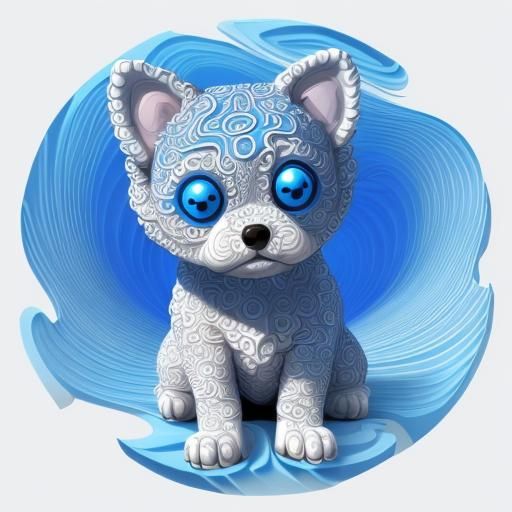 chibli style puppy with big blue eyes, (happy looking1.1), sitting down