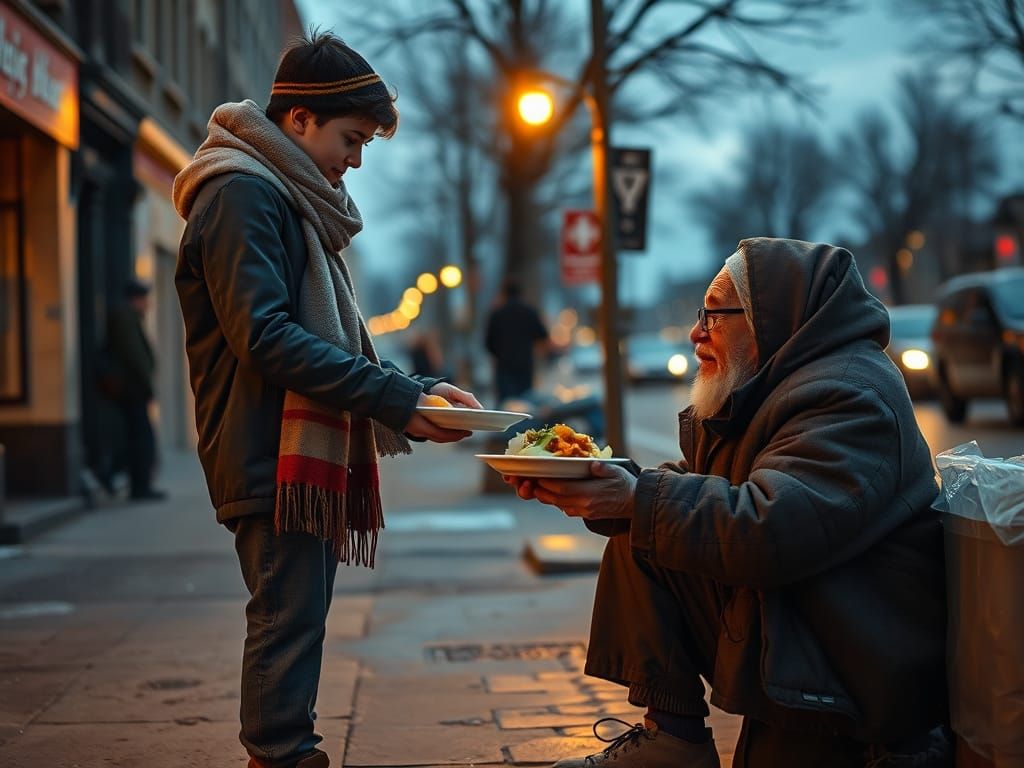 Teenager Offers Food to Homeless Person in City Dusk