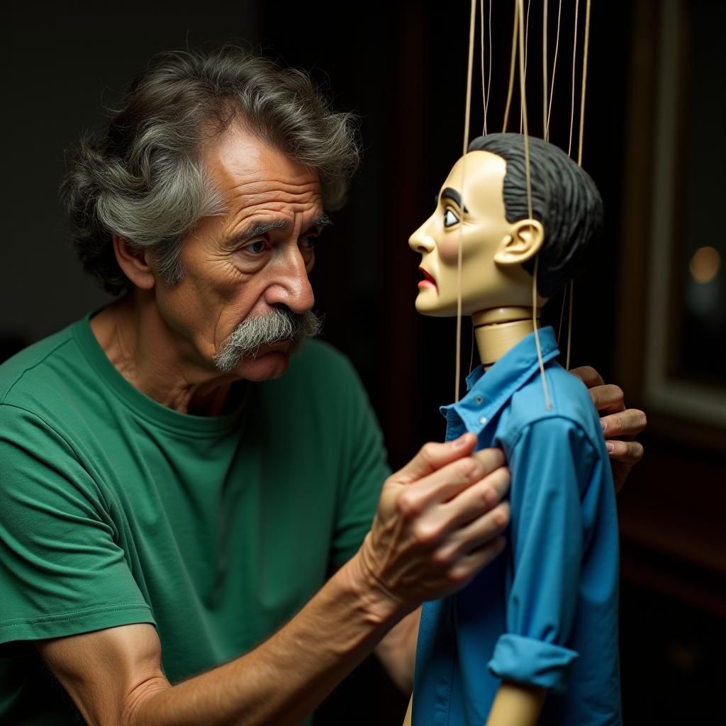 Man with Puppet: A Cinematic Film Still