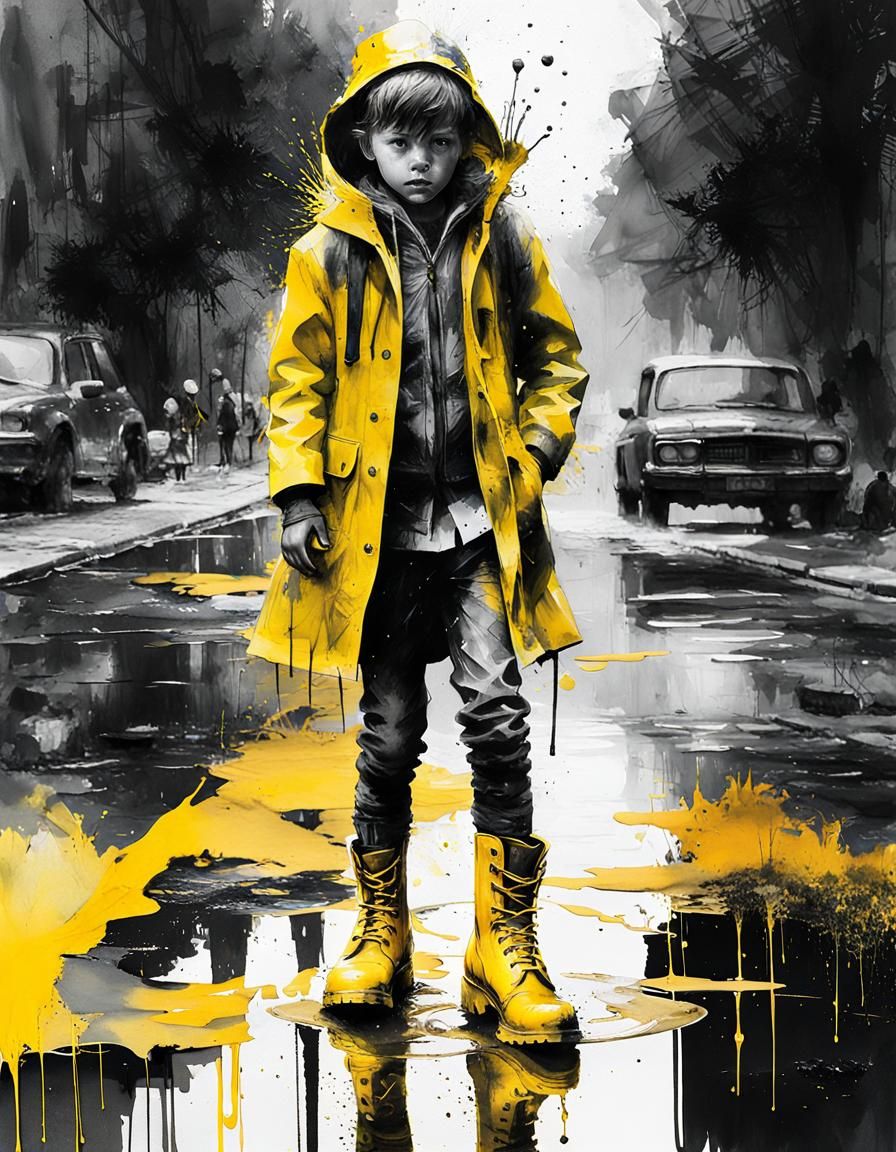 Child Splashing in Puddle: Watercolor Double Exposure