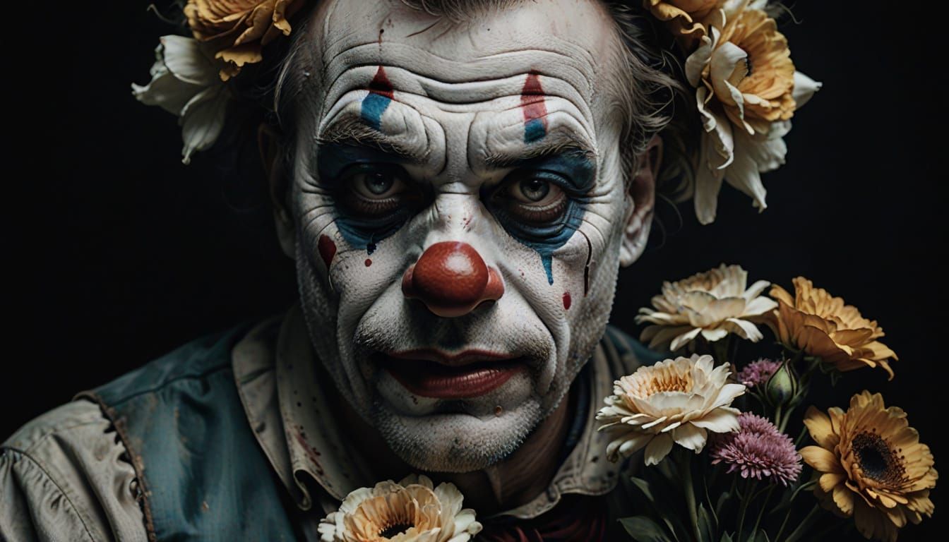 Muted Clown with Wilted Flowers in a Grieving Portrait