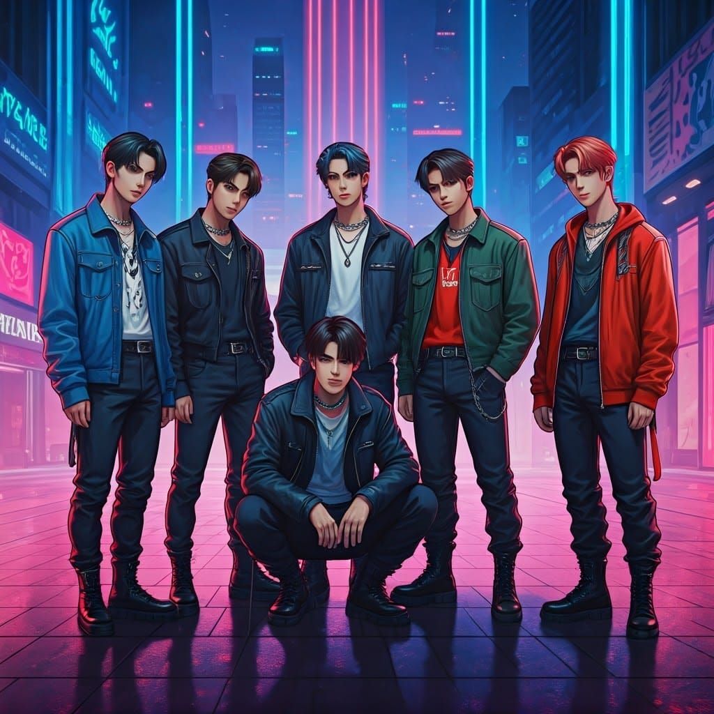 K-Pop Band Stray Kids in Neon Cityscape