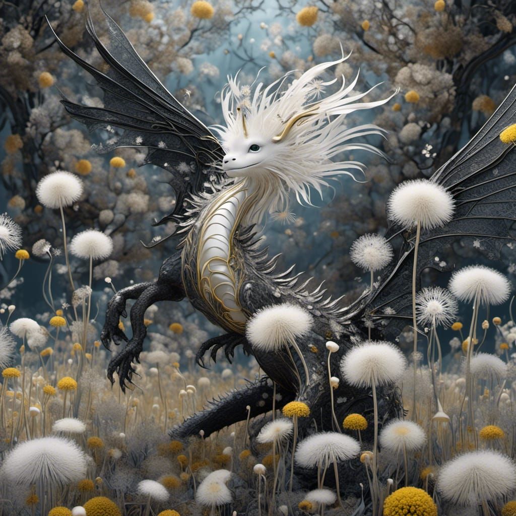 Black Dragon with Dandelions in Art Nouveau Style