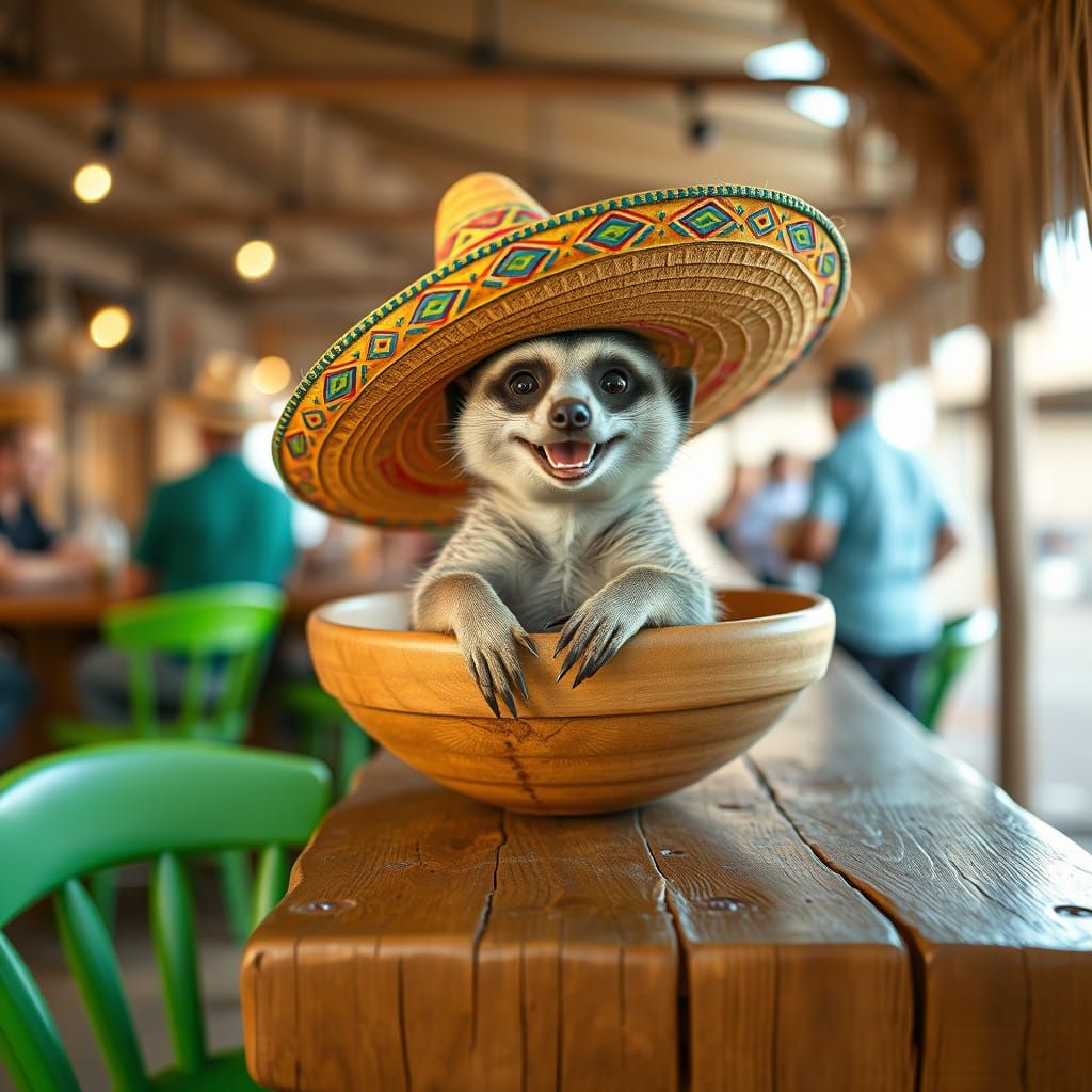Meerkat Having Fun with Sombrero in Desert Bar