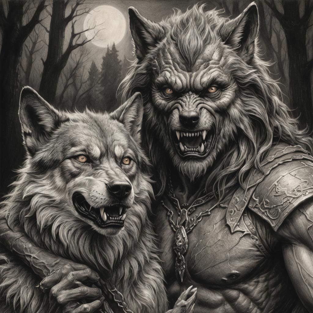 Wolf-man with pet werewolf