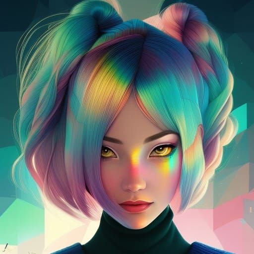 Rainbow Hair Woman in Cyberpunk Street Art Style