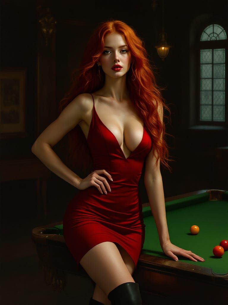 Woman with Pool Cue in Dimly Lit Hall