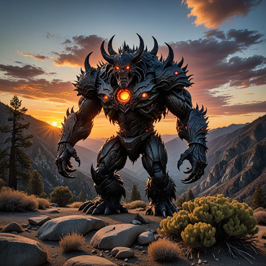 Sunset Monster in California Mountains: AI Art