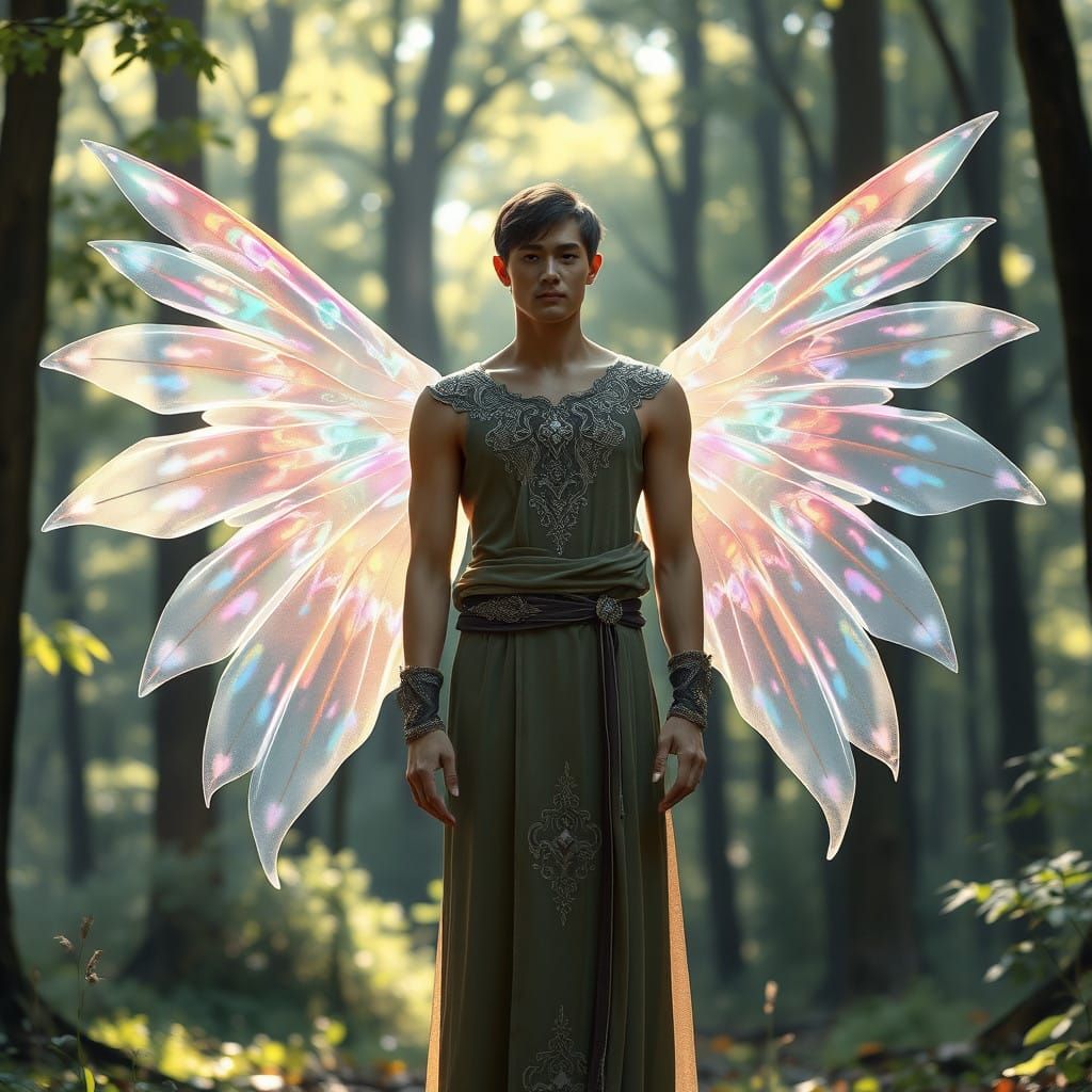 Serene Elvish Warrior Unfurls Rainbow Wings in Enchanted For...