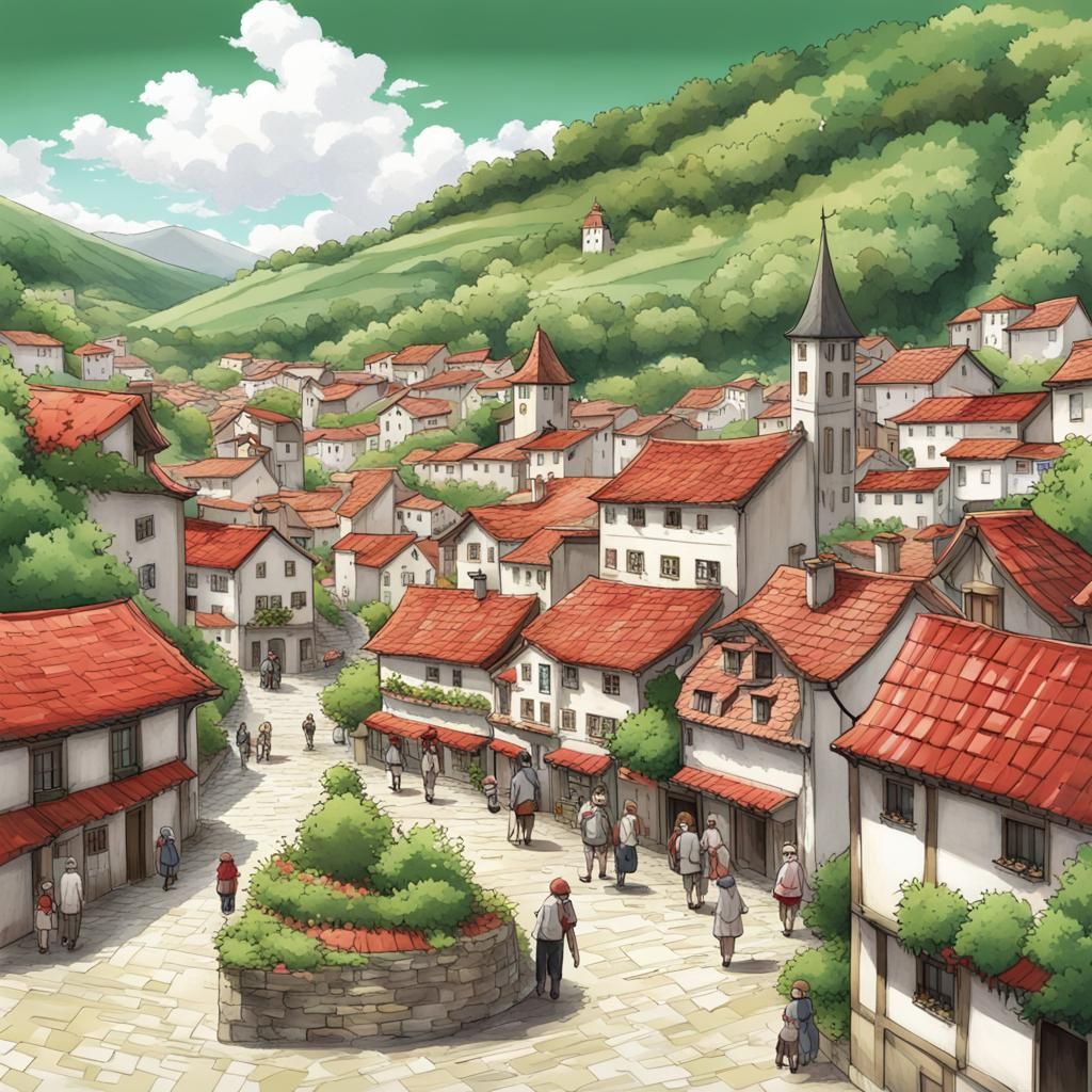 Basque Village Scene in Anime Style