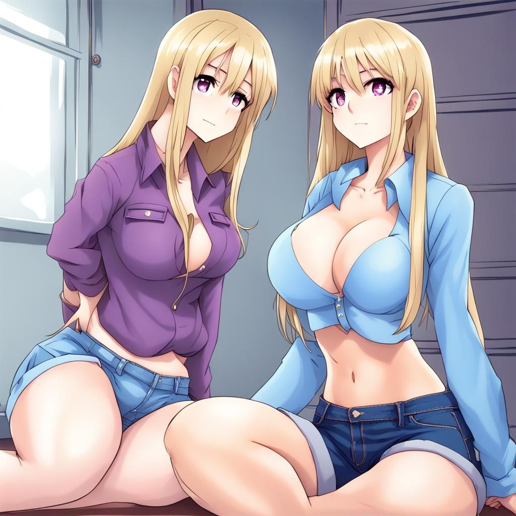Anime Style: Two Blonde Women in Purple Shirts