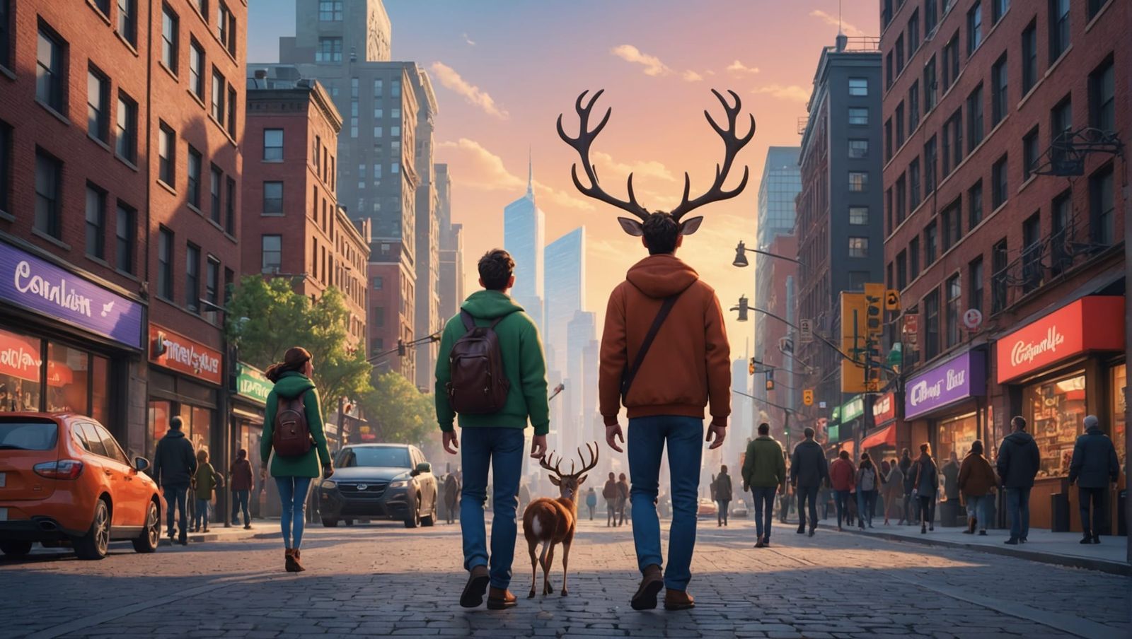 Antlered People in Cityscape: 3D Digital Art