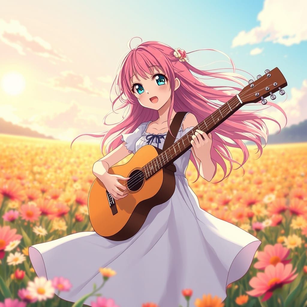 Anime Girl Playing Guitar in Sunny Flower Field