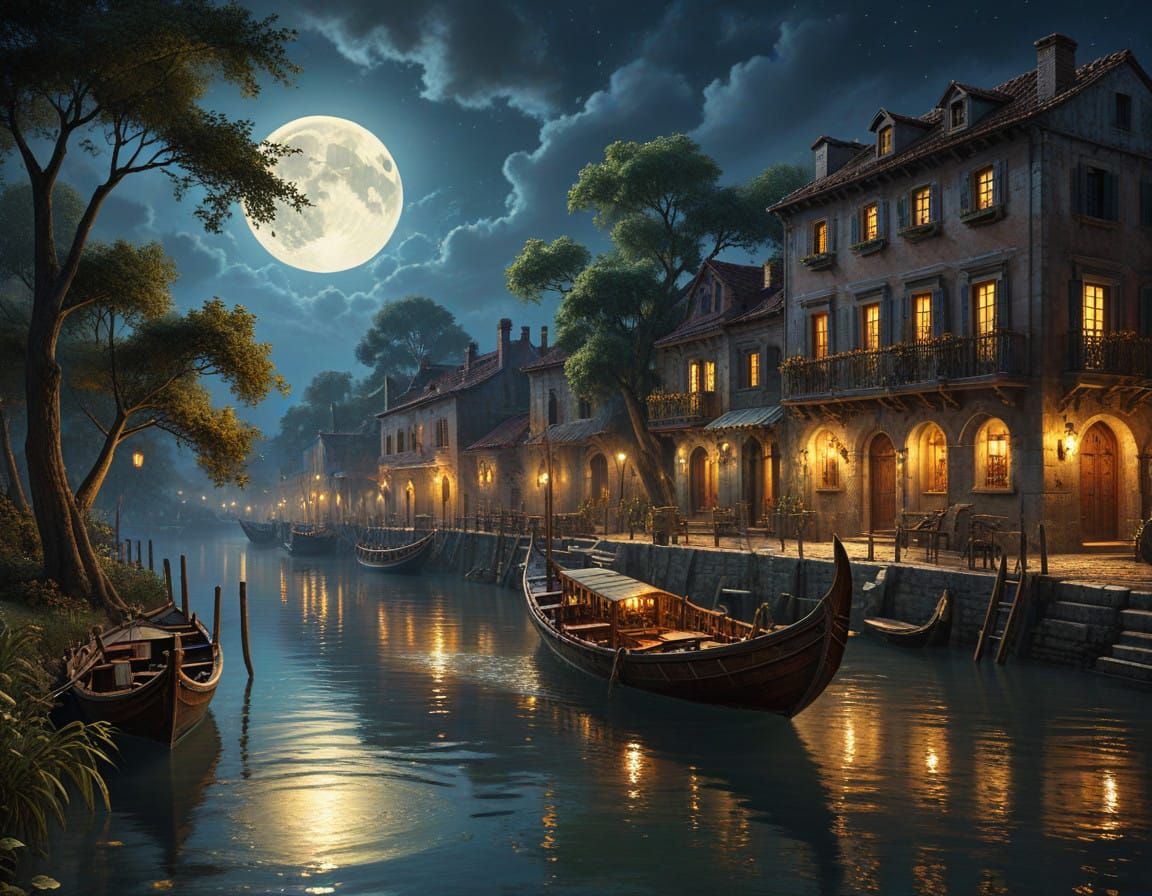 Moonlit Longboat in a Serene Watercolor-Inspired Landscape
