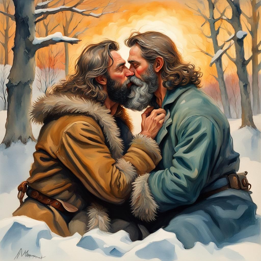 Men Kissing at Winter Solstice in Gouache Style