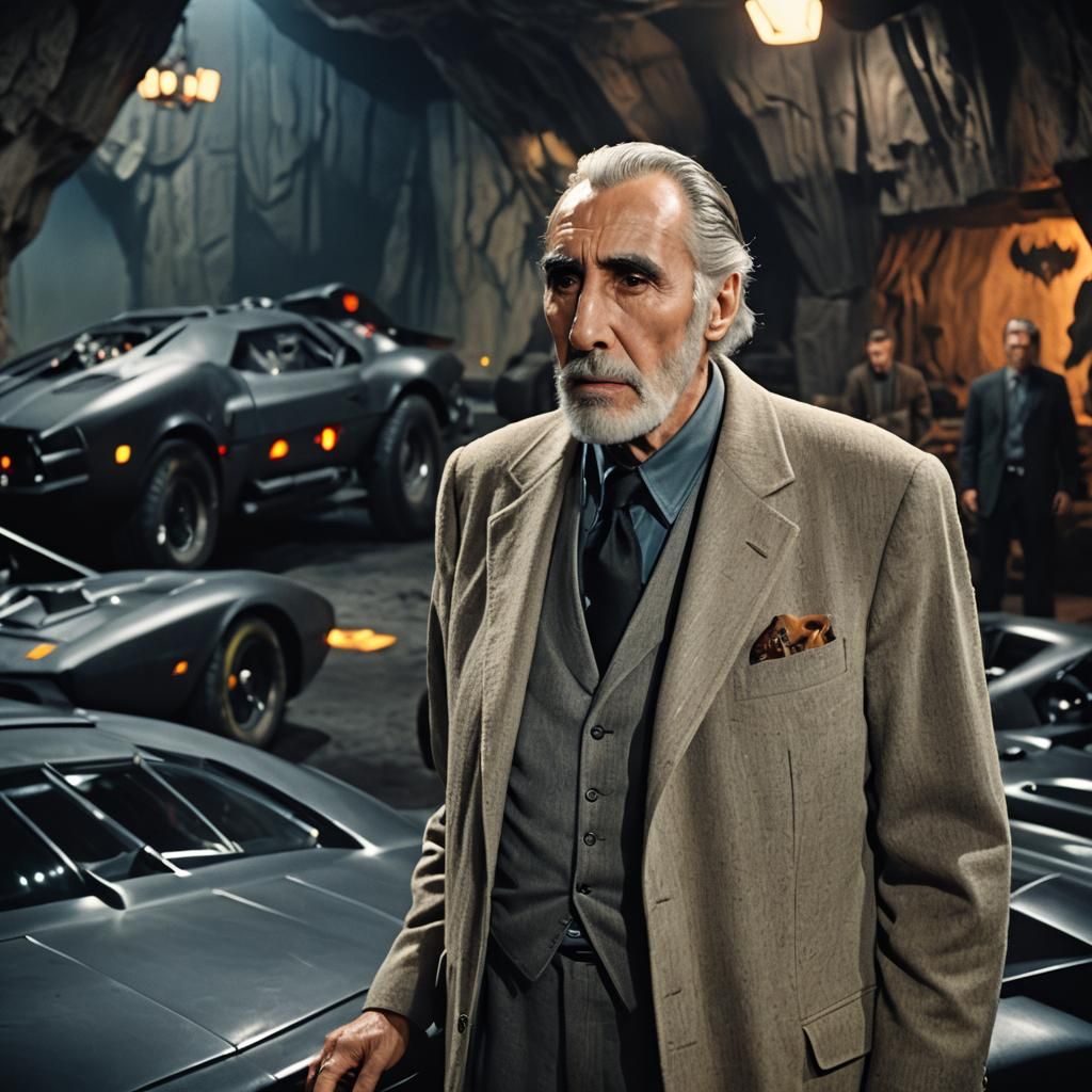Elderly Bruce Wayne in Batcave: Cinematic Film Still