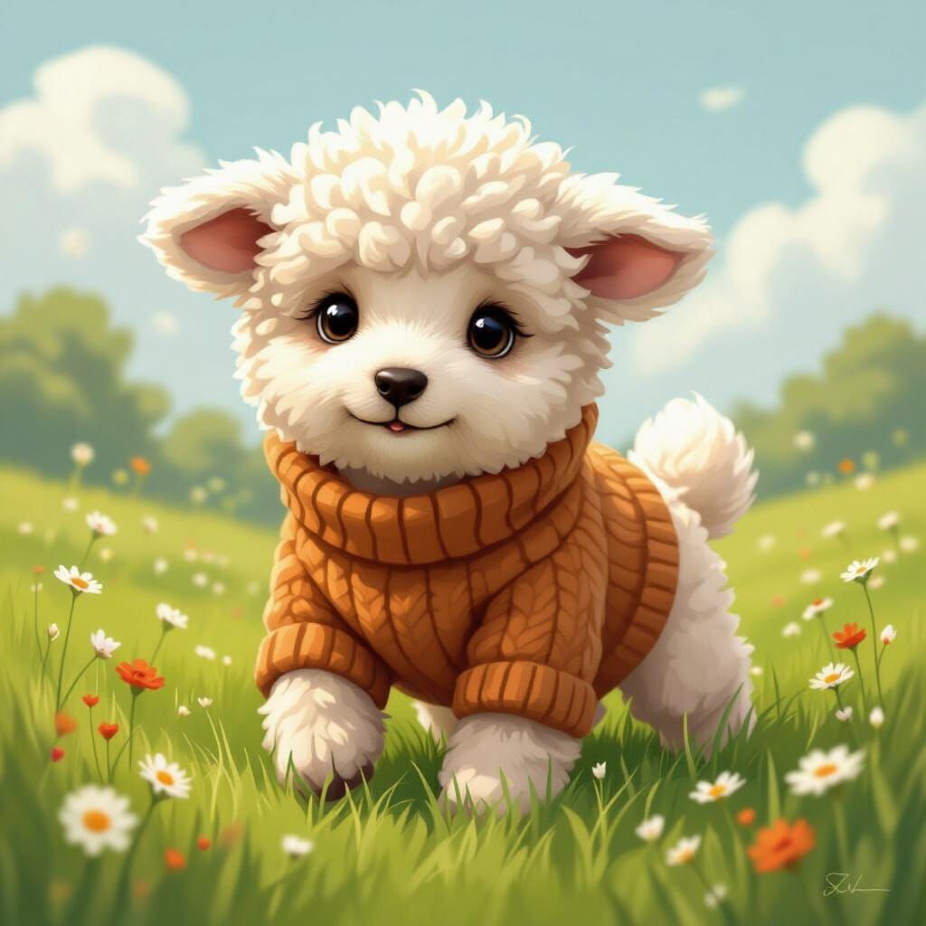Fluffy Lamb-Dog Hybrid in Cozy Sweater