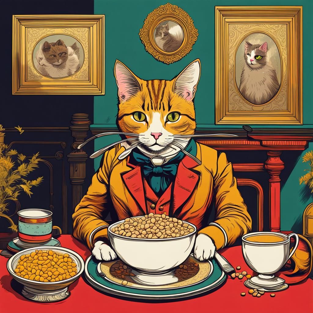Victorian Cat Eating: Pop Art Screen Print