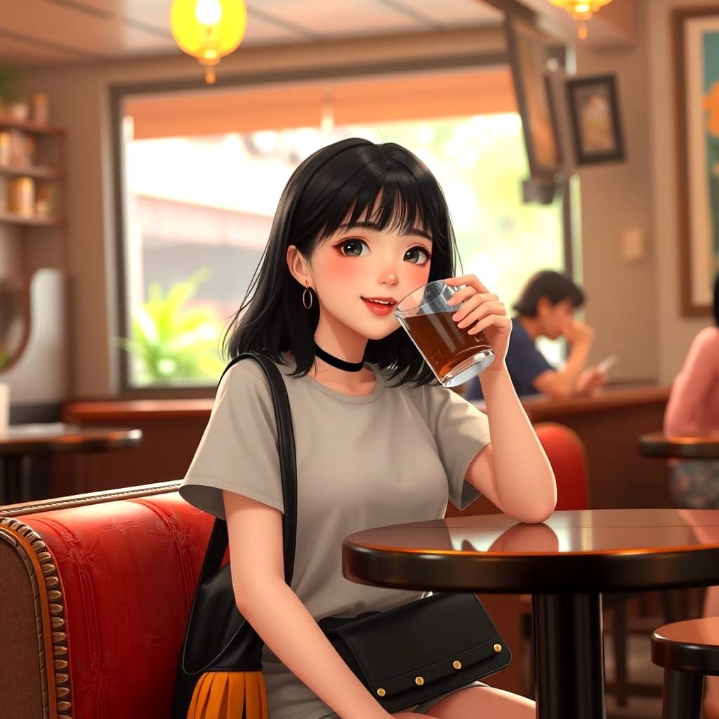 Anime Style: Smiling Teen in Cafe