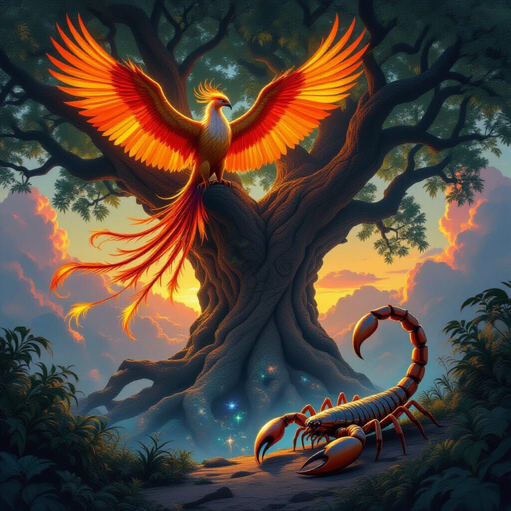 Majestic Phoenix Perched on Ancient Tree, Concept Art
