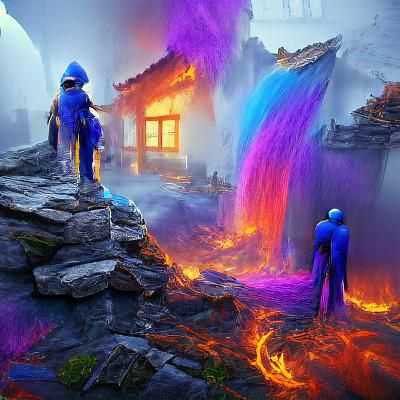 Blue and Purple Fire Battle with Rainbow Aura