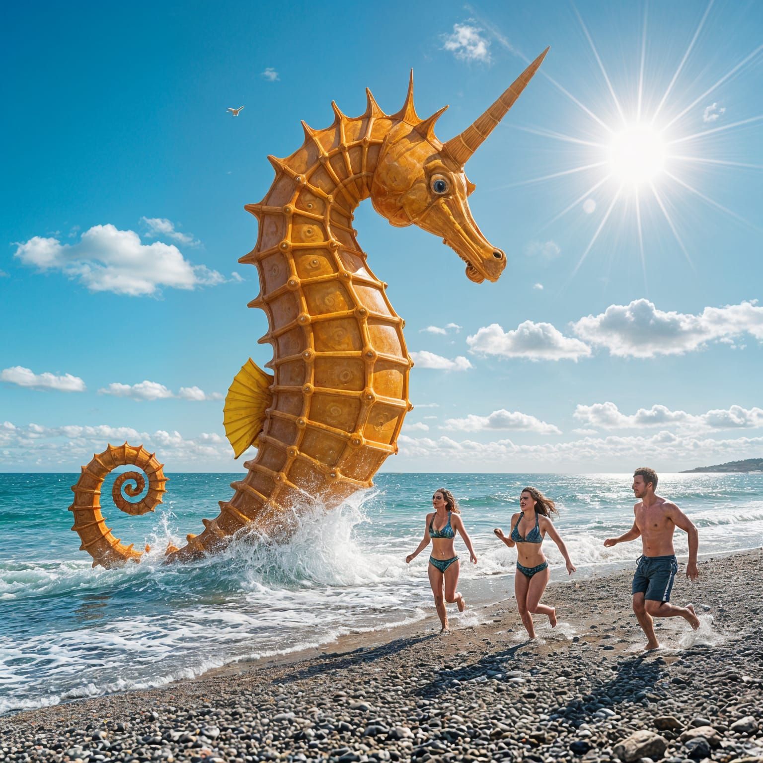 Monster Seahorse Terrorizes a Whimsical Beach