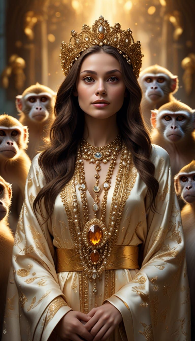 Regal Woman Surrounded by Whimsical Monkeys in Luxurious, Dr...