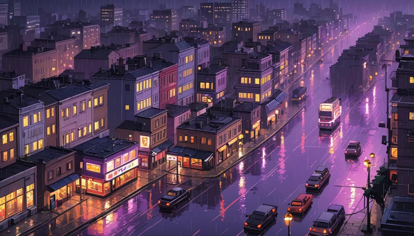 Nostalgic Rainy Cityscape in 8-bit Pixel Art